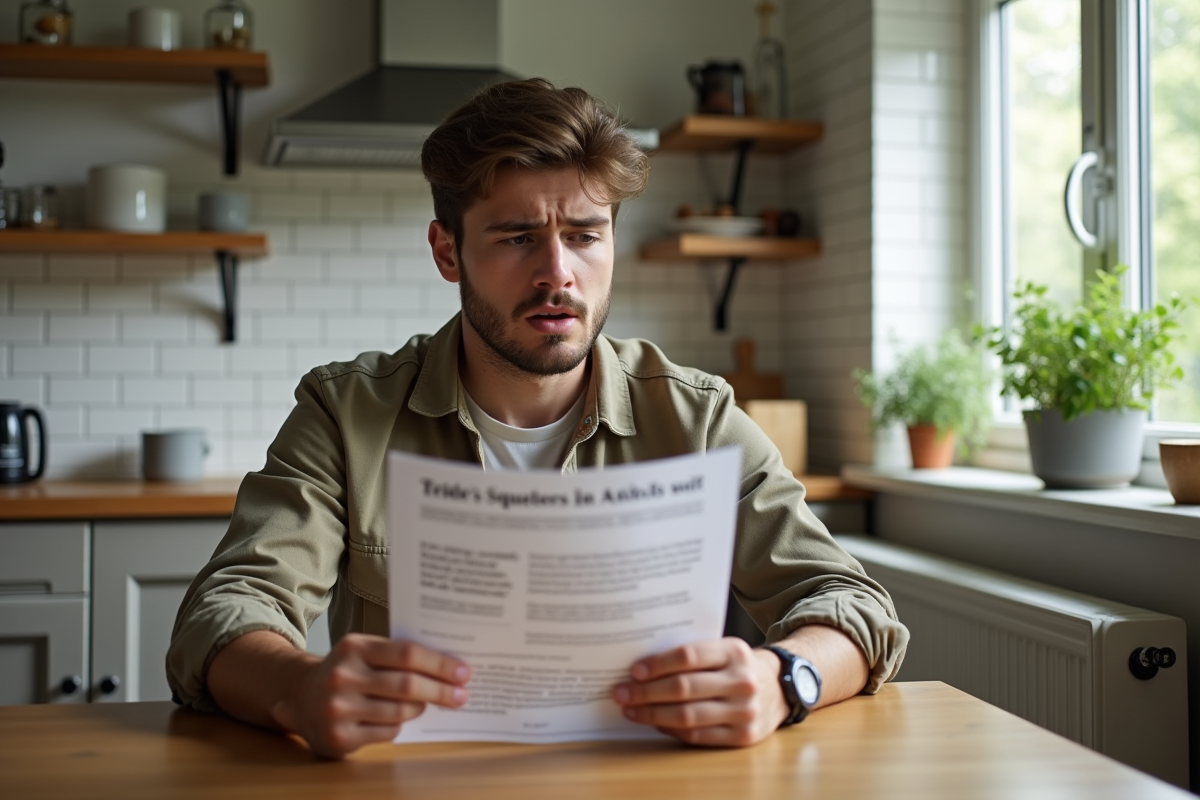 Jeune homme lisant un livret sur le test animal dans la cuisine