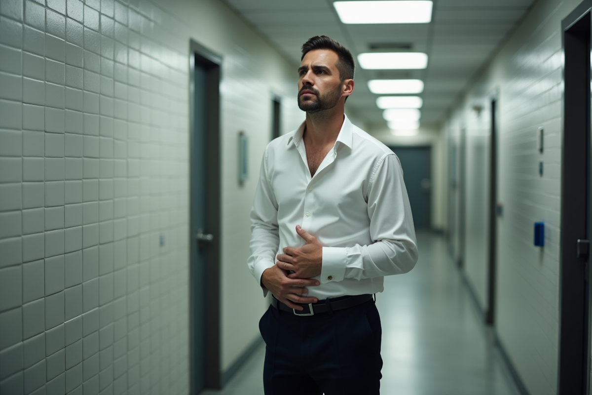 Homme en malaise dans un couloir de bâtiment public