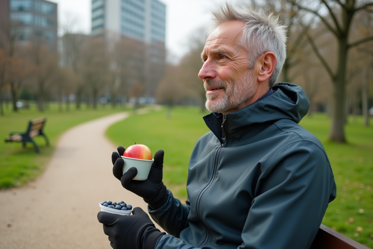 Homme actif mangeant une pomme dans un parc urbain