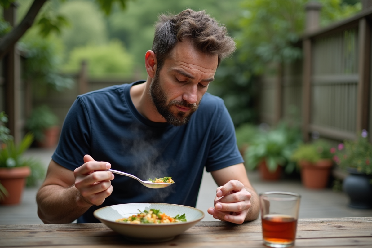 Homme dégustant une soupe dans un jardin paisible