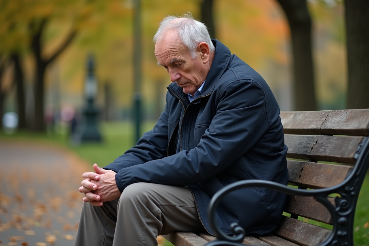 Homme âgé assis sur un banc dans un parc en automne