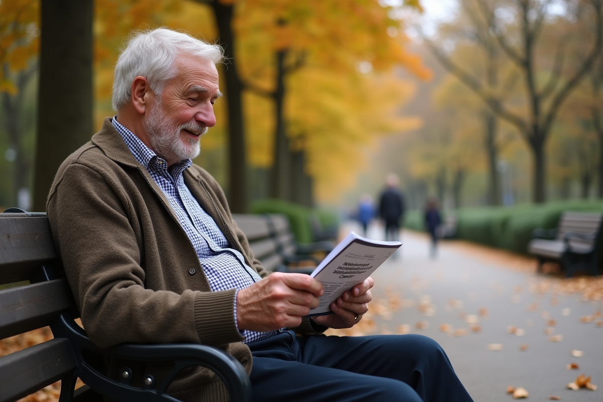 Homme âgé lisant une brochure sur le cancer dans un parc
