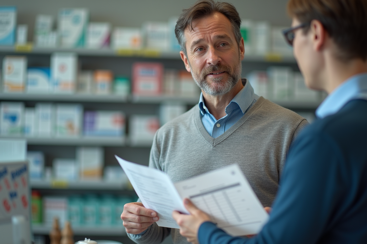 Homme vérifiant un calendrier de vaccination chez un pharmacien