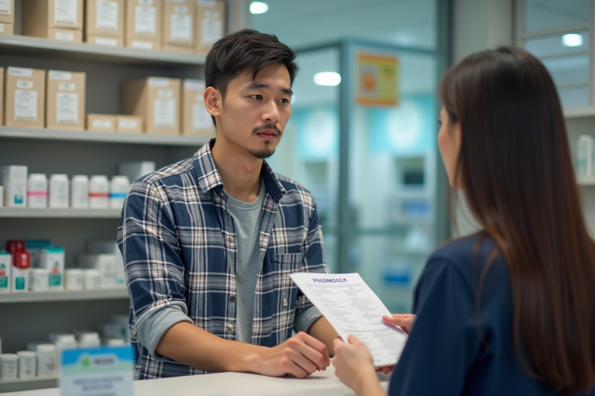 Jeune homme discutant avec un pharmacien au comptoir