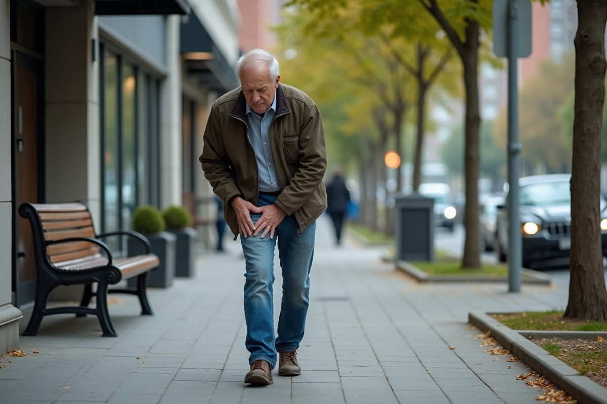 Homme âgé marchant dans une rue urbaine calme