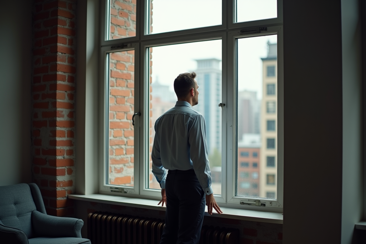 Homme pensif regardant la ville depuis une fenêtre urbaine