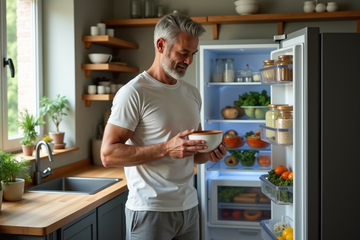 Homme actif prenant un repas sain dans la cuisine