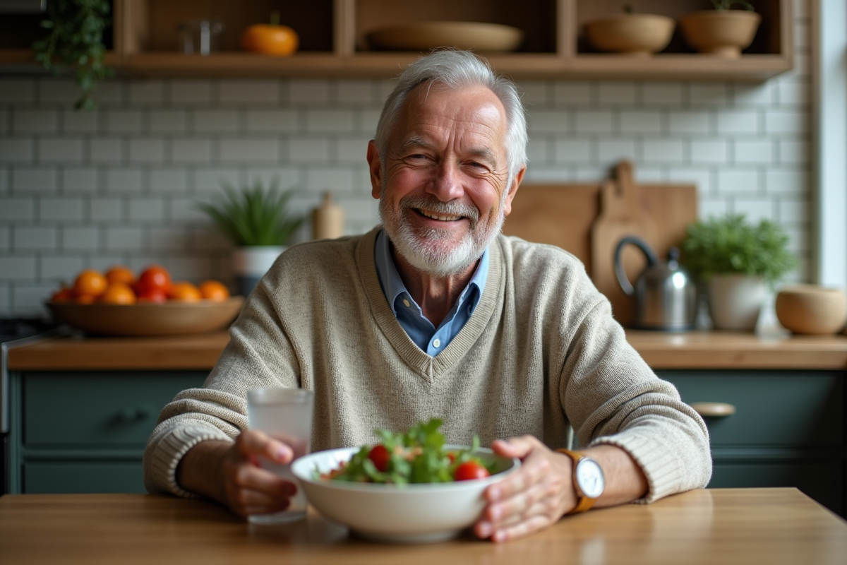 Homme senior mangeant une salade dans une cuisine chaleureuse