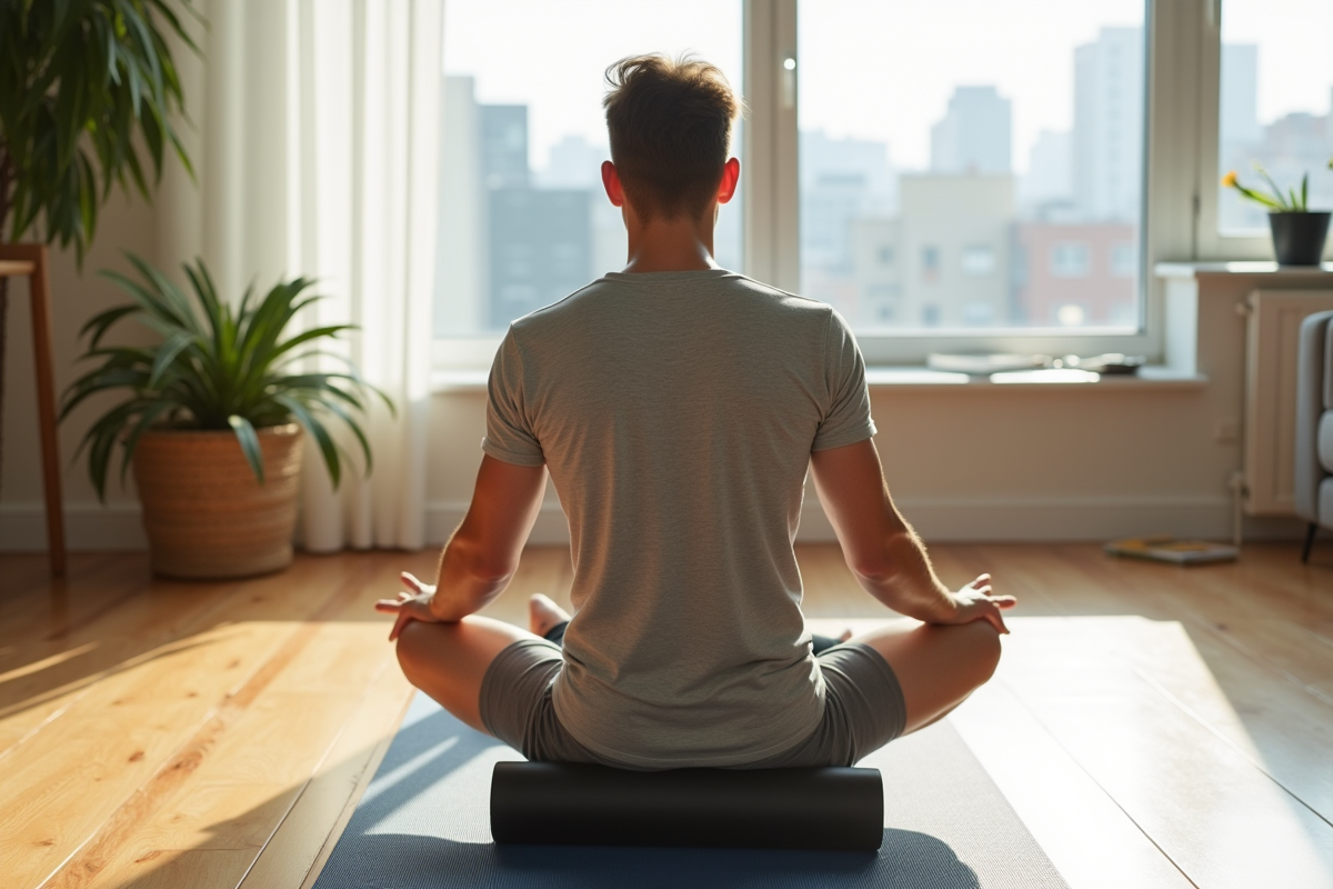 Jeune homme utilisant un rouleau de mousse dans un salon lumineux