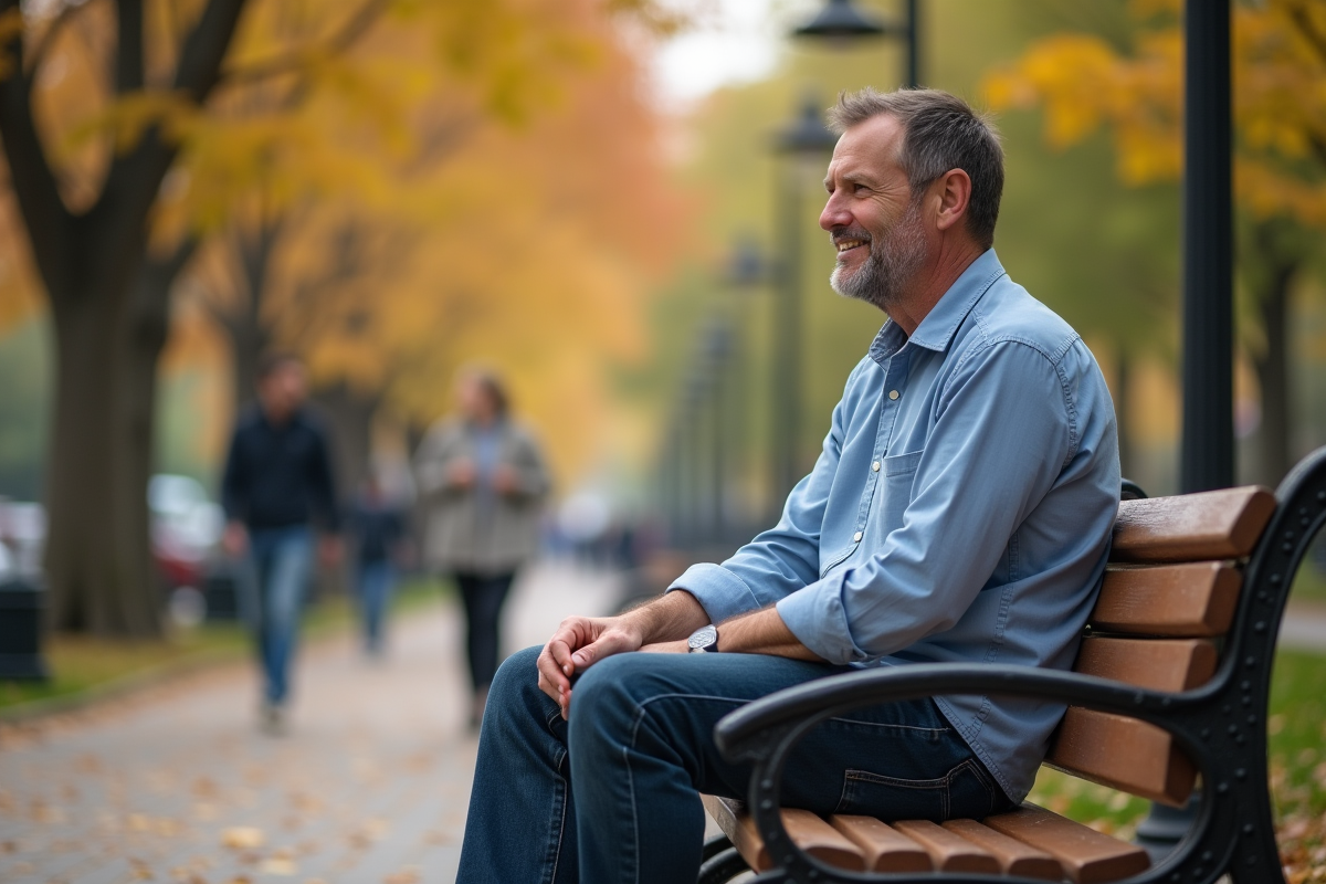 Homme assis sur un banc de parc en automne