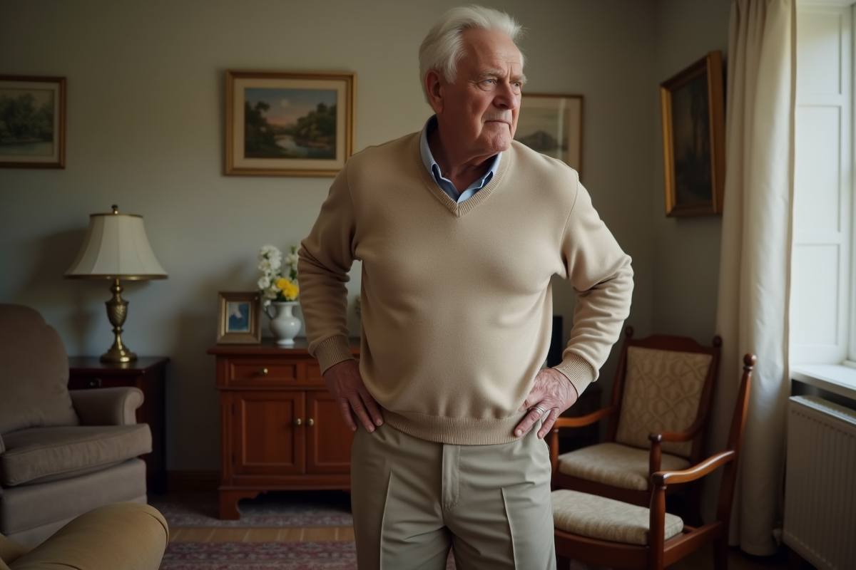 Homme senior confus dans un salon chaleureux