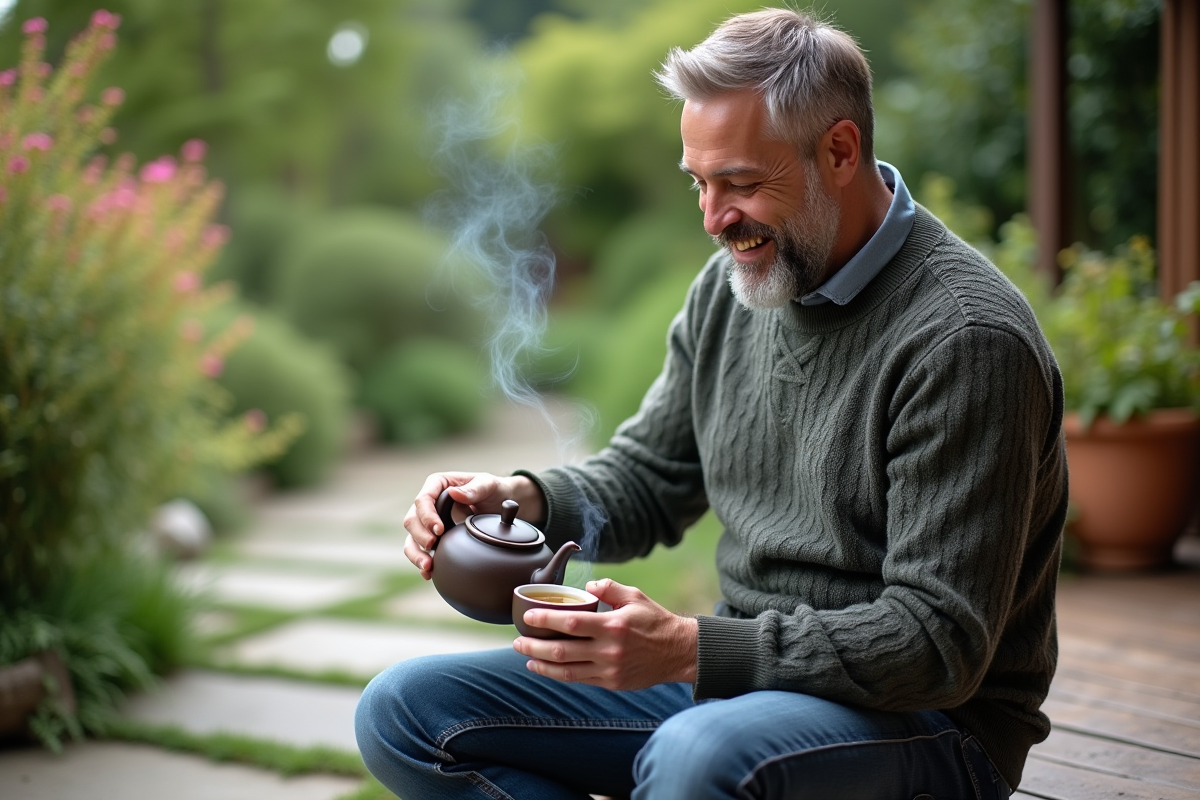 Homme buvant une tisane dans un jardin paisible