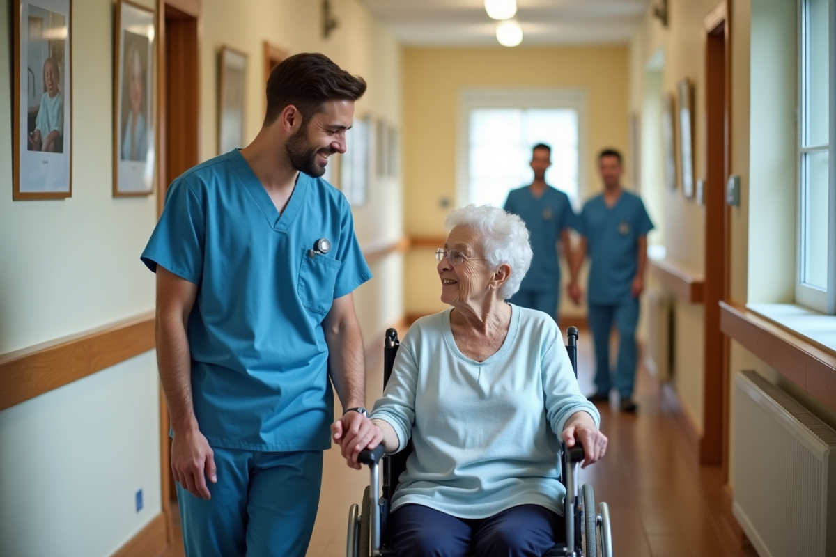 Jeune infirmier aidant une personne agee en fauteuil