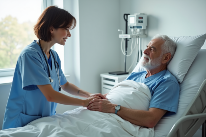 Infirmi&egrave;re soignante aidant un patient &acirc;g&eacute; dans un h&ocirc;pital