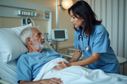 Infirmi&egrave;re soignante aidant un patient &acirc;g&eacute; dans une chambre d'h&ocirc;pital