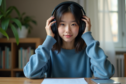 Jeune femme avec &eacute;couteurs ajustant son casque dans un cadre cosy