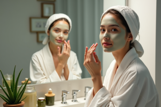 Jeune femme appliquant un masque d'argile naturel dans sa salle de bain
