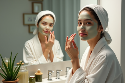 Jeune femme appliquant un masque d'argile naturel dans sa salle de bain