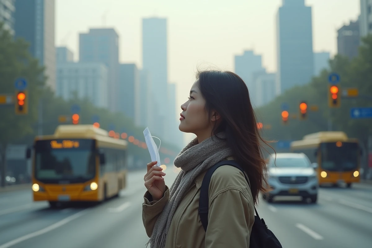 Jeune femme avec masque face à la ville et pollution légère