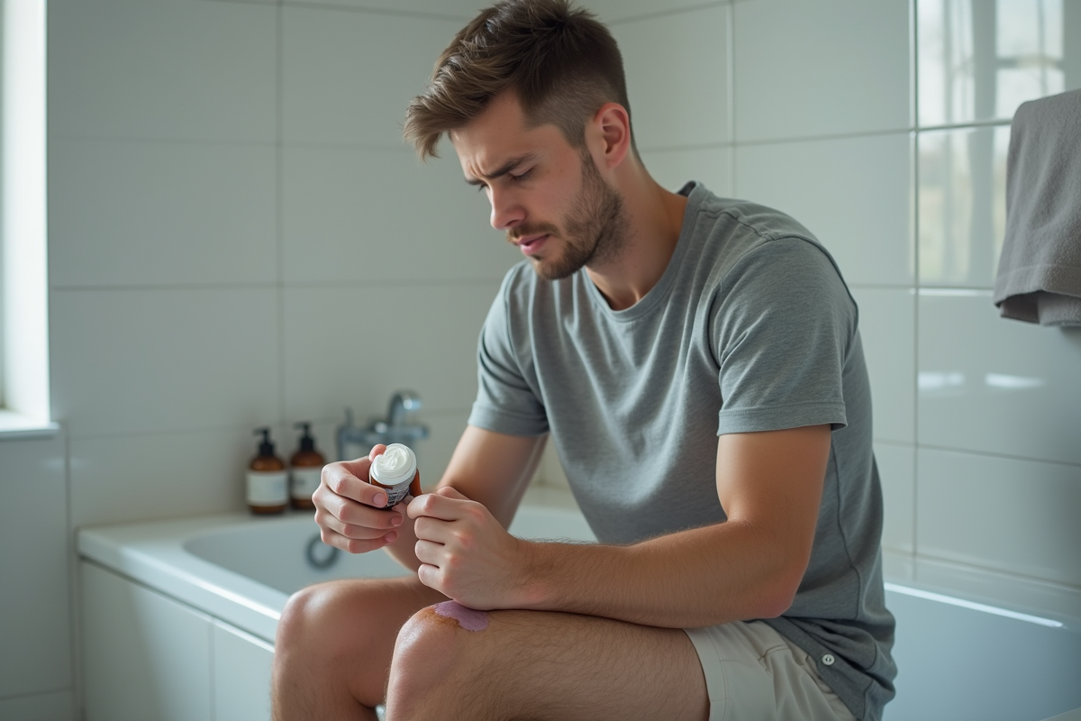 Jeune homme appliquant une creme sur sa jambe dans la salle de bain