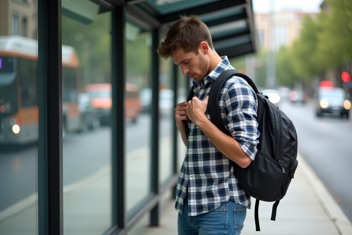 Jeune homme fatigué au arrêt de bus urbain