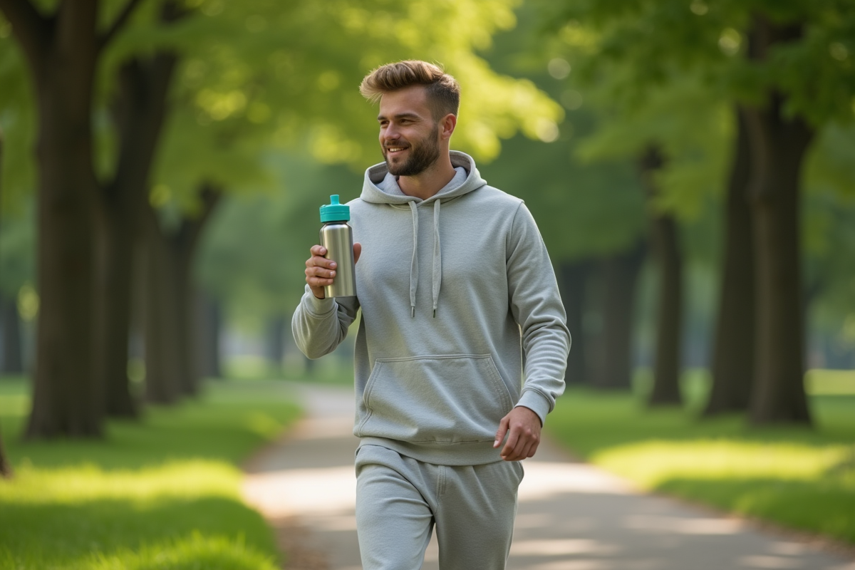 Jeune homme marchant dans un parc verdoyant en buvant de l