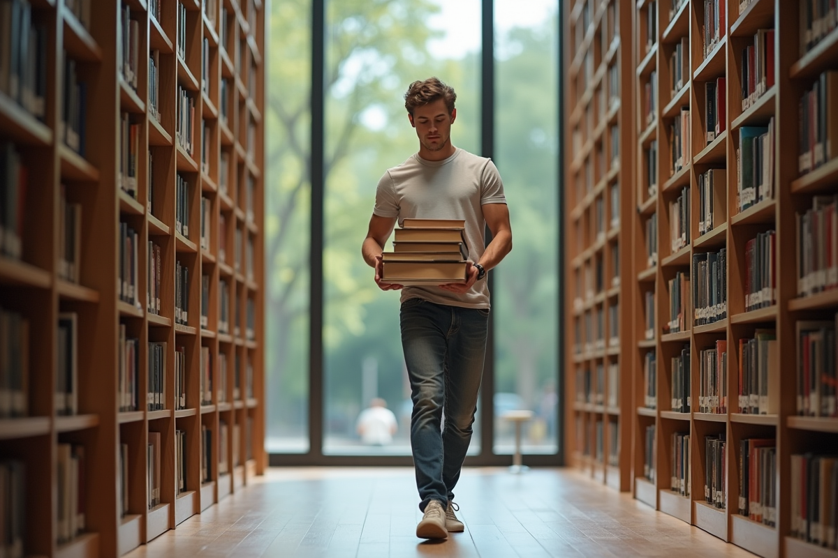 Jeune homme portant des livres dans une bibliothèque moderne