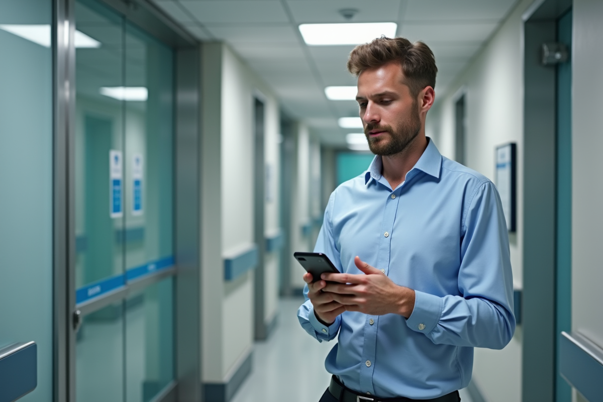 Jeune homme dans un couloir d hospital regardant son smartphone