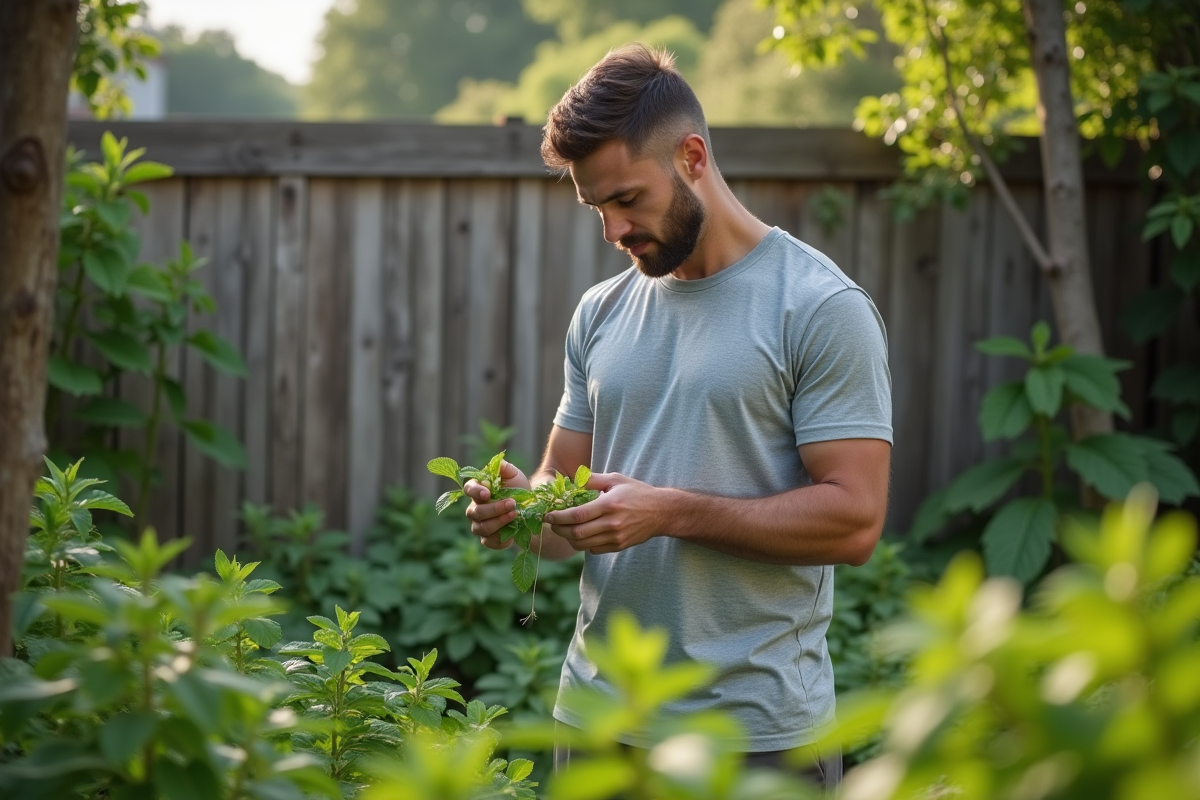 Jeune homme cueillant des feuilles de menthe dans le jardin