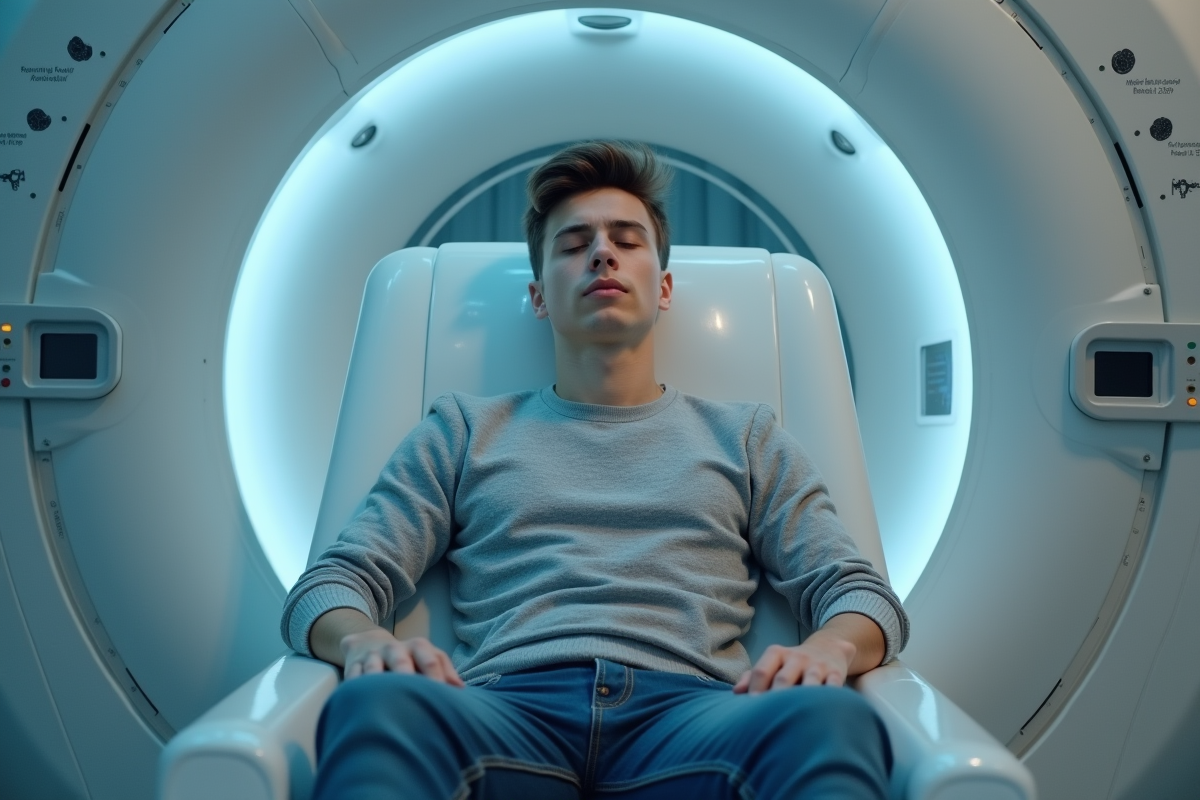 Jeune homme dans un scanner cerveau en milieu hospitalier