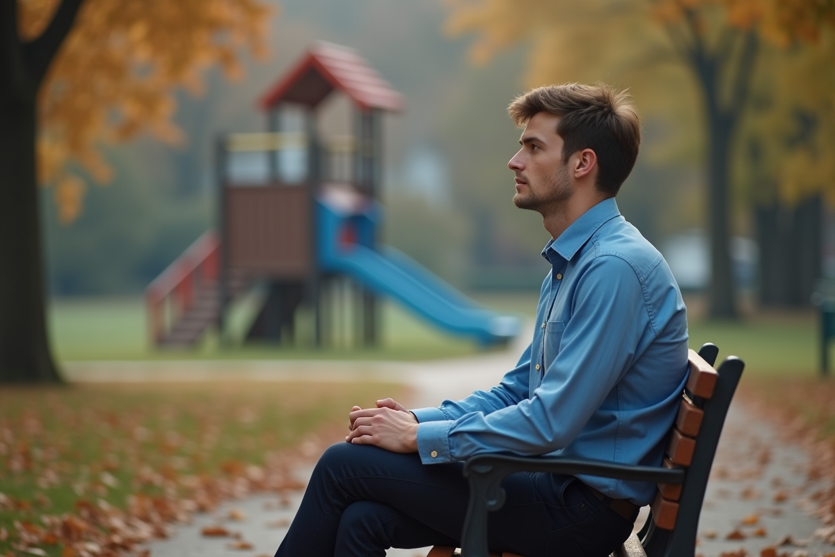 Jeune homme assis sur un banc dans un parc automnal