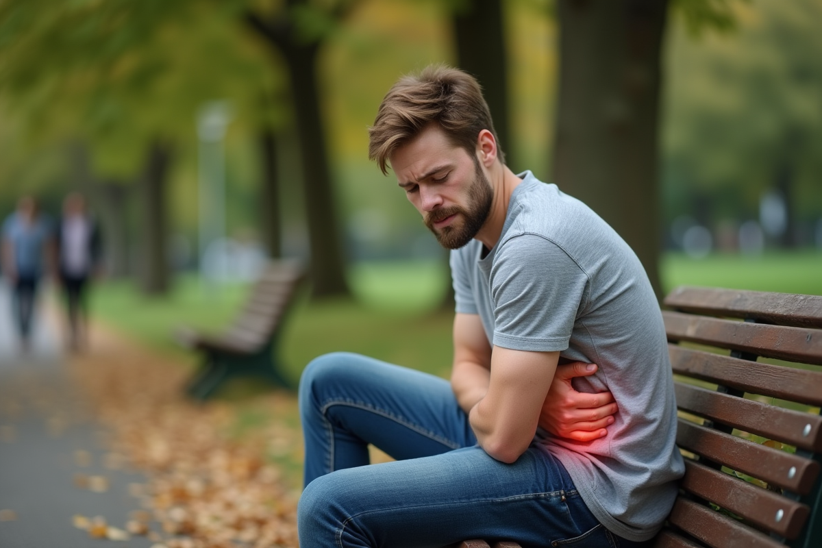 Jeune homme assis sur un banc de parc se massant l