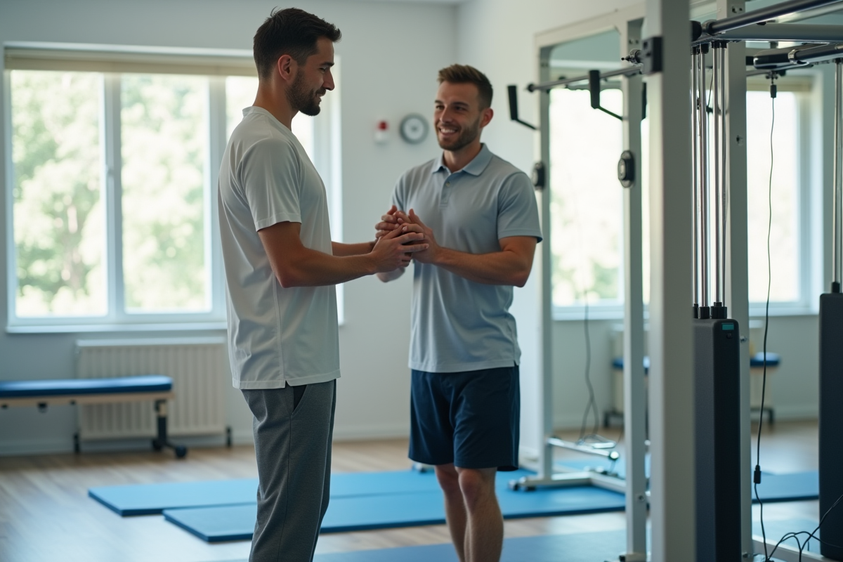 Jeune homme en stretching avec physiotherapeute dans un centre