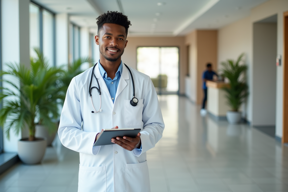 Jeune infirmier prenant des notes dans une clinique moderne