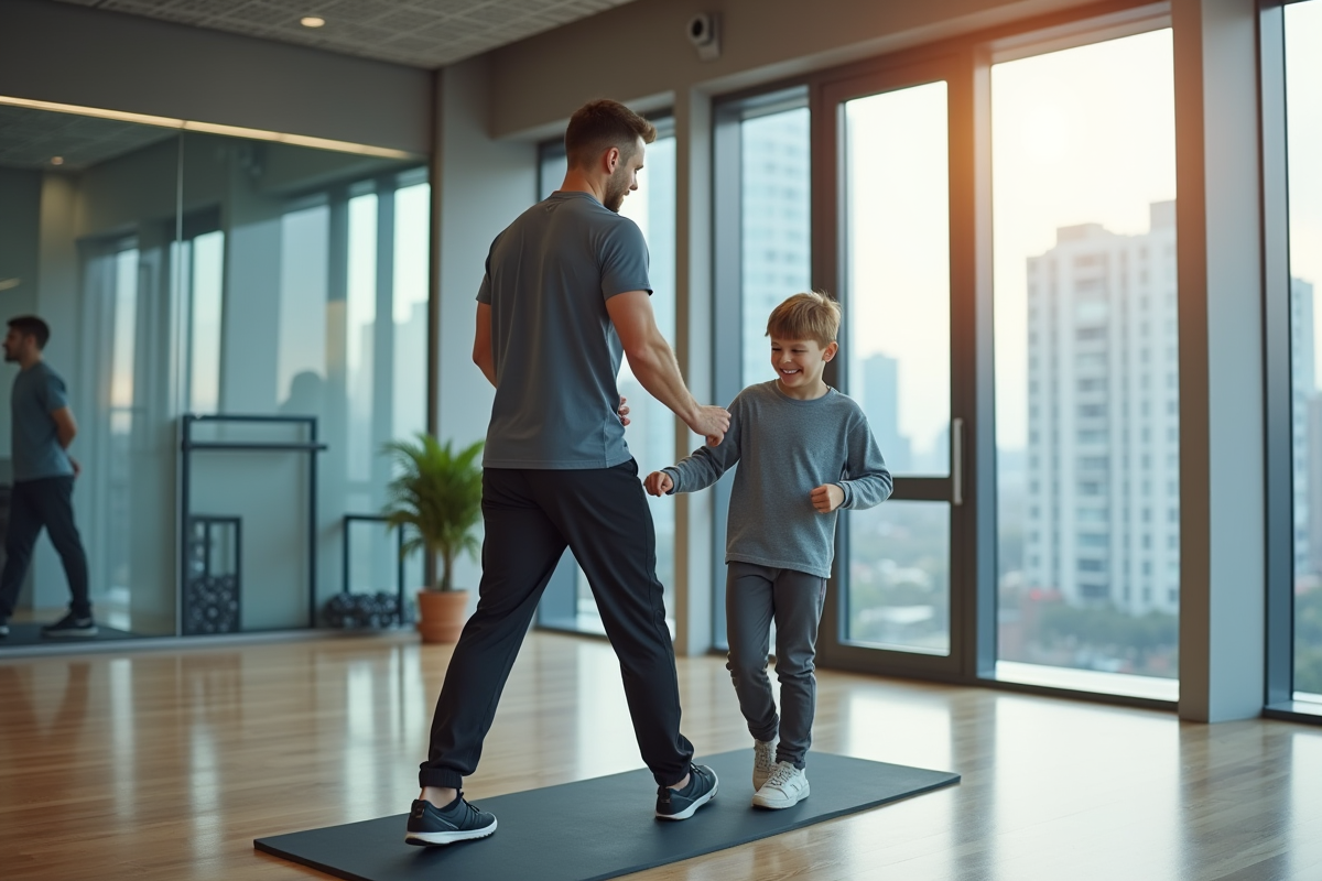 Jeune kinésithérapeute aidant un adolescent à faire un exercice