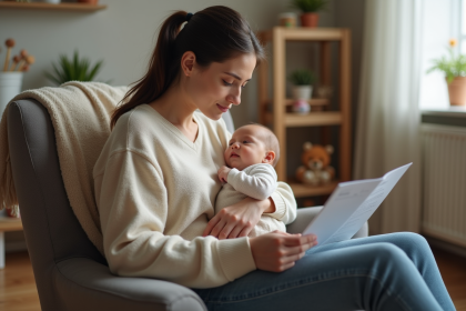 Jeune maman lit un pamphlet sur l'allaitement et alcool
