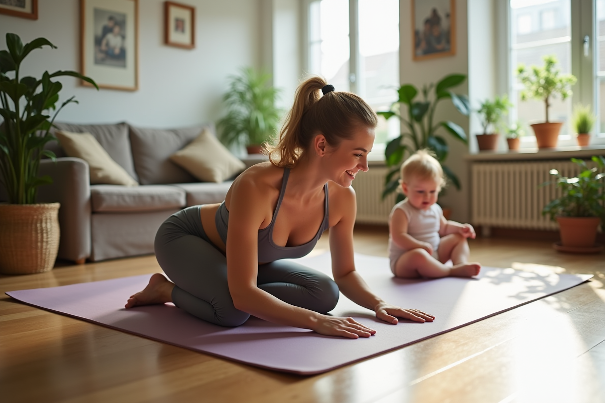 Jeune maman faisant des exercices abdominaux avec son enfant