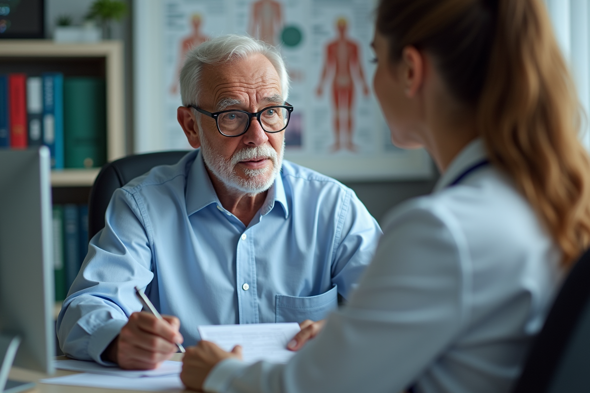 Homme âgé en consultation avec une professionnelle de santé
