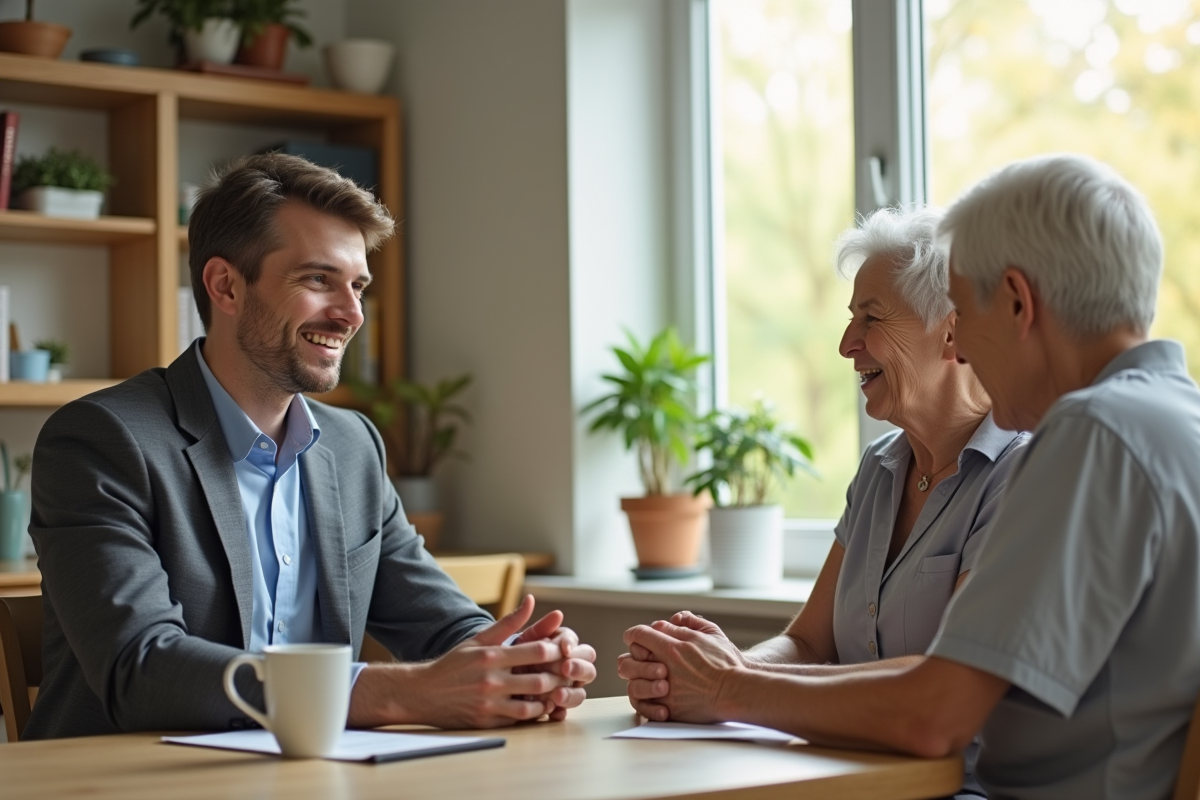Jeune médecin discutant avec deux seniors dans un centre communautaire
