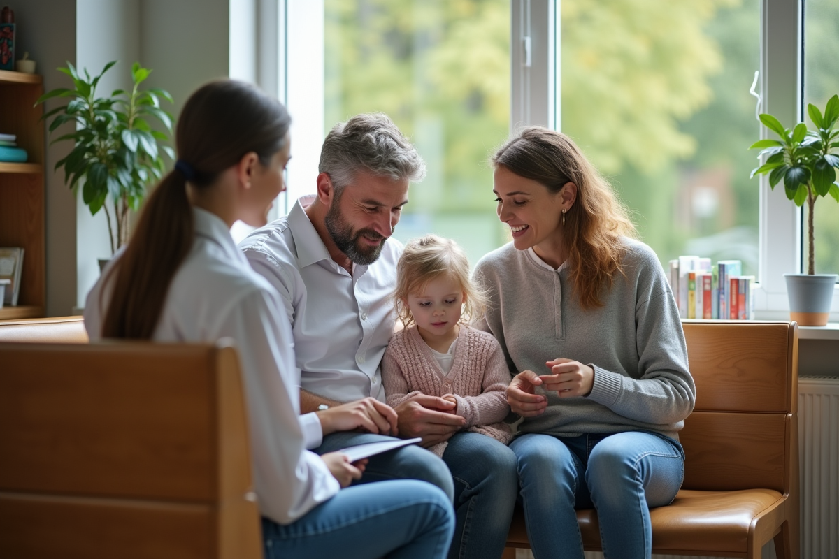 Pere parle avec une pediatre dans la salle d