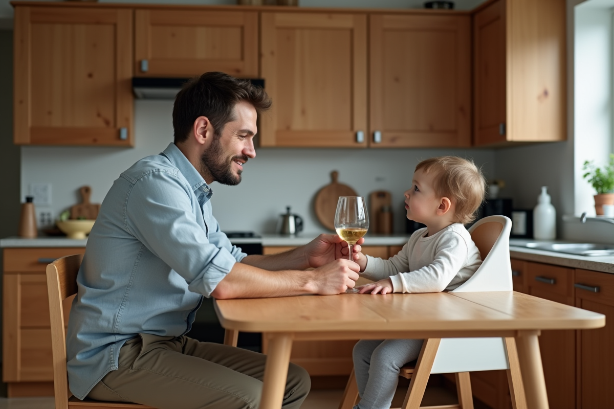Père avec enfant à la table de cuisine familiale