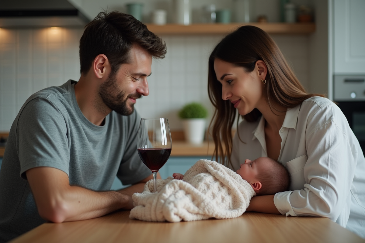 Pere contemple sa partenaire allaitant leur bebe dans la cuisine