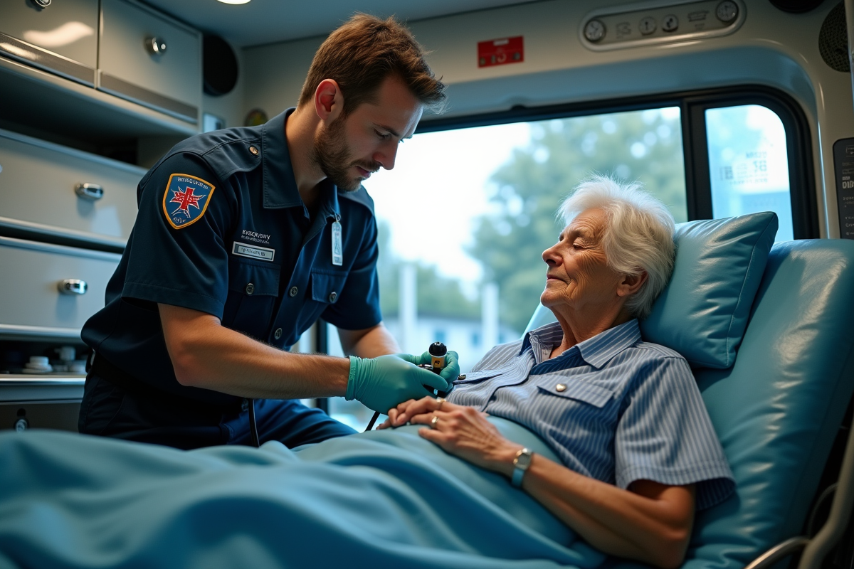 Paramedic connectant des électrodes à une femme âgée