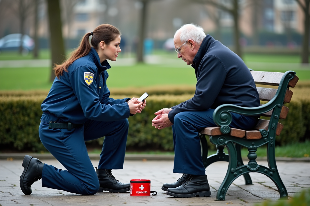 Paramédic femme discutant avec un homme dans un parc