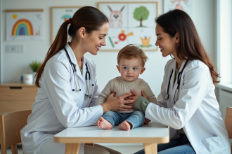 Pediatre femme examine un jeune garçon dans un cabinet