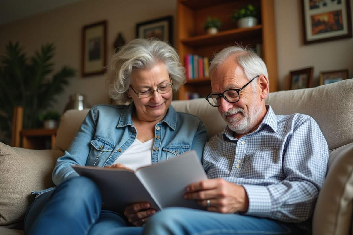 Senior en famille examinant des brochures de santé