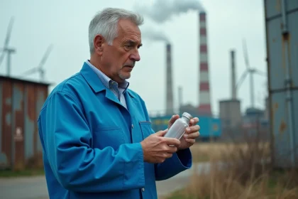 Scientifique en blouse bleue examine un &eacute;chantillon en ext&eacute;rieur
