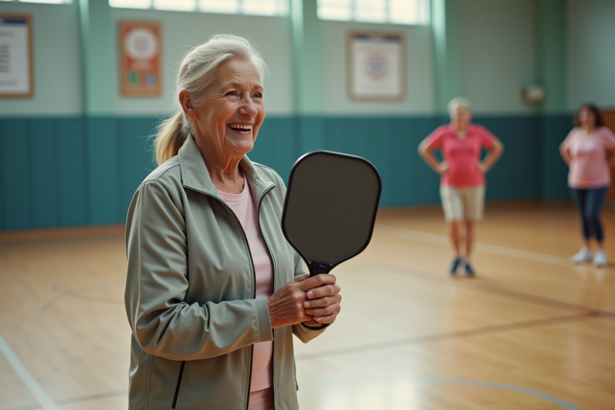 Seniore souriante tenant une raquette de pickleball en intérieur