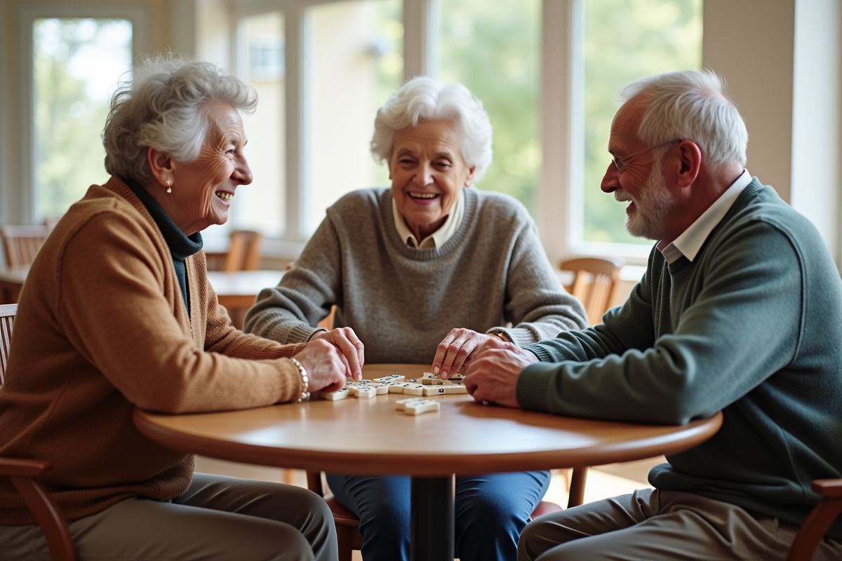 Trois seniors jouent aux dominos dans une salle lumineuse et conviviale