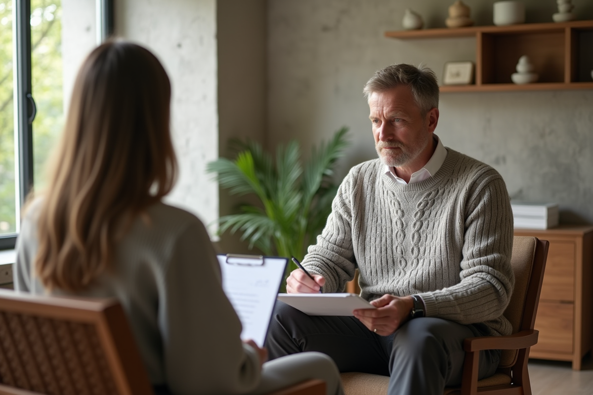 Sophrologue relaxe dans une salle lumineuse avec un client